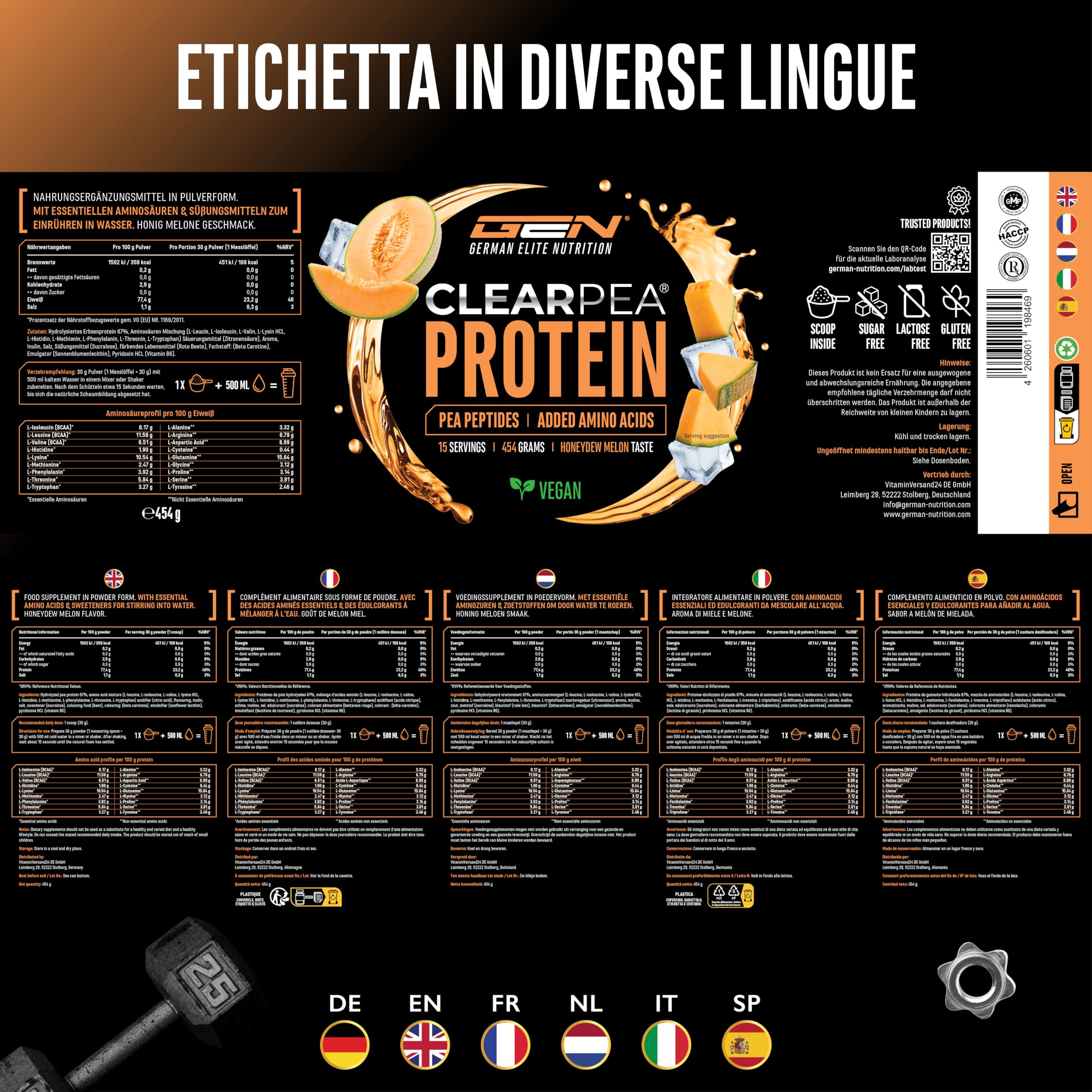 Elite Plant Protein ClearPea® proteine vegetali Melone al Miele 454 g vegane