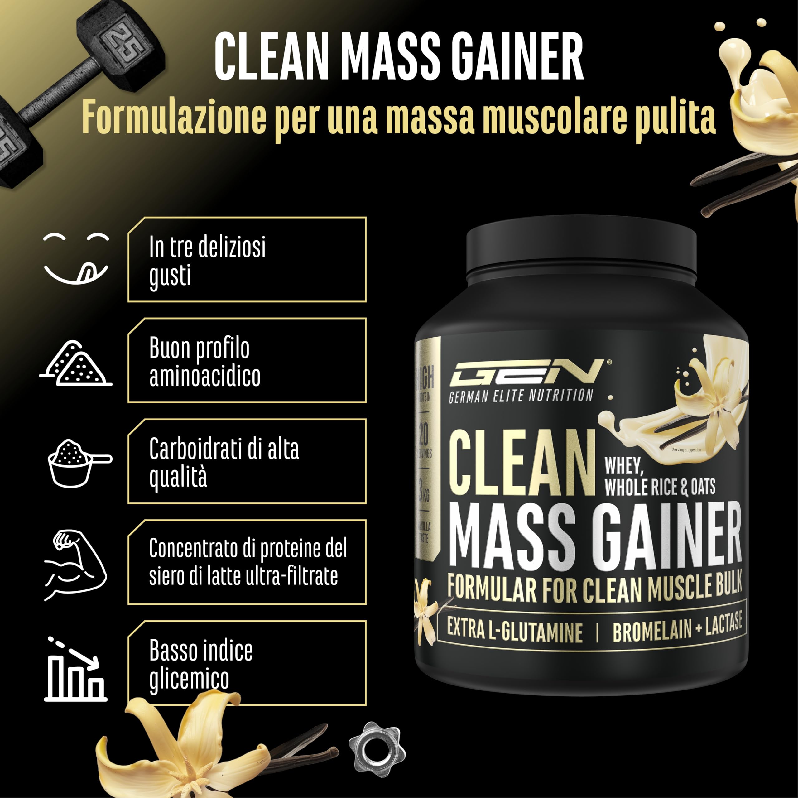 Elite Carbs & Mass Gainers Clean Weight Gainer gainer Vaniglia 3 kg 36 g proteine