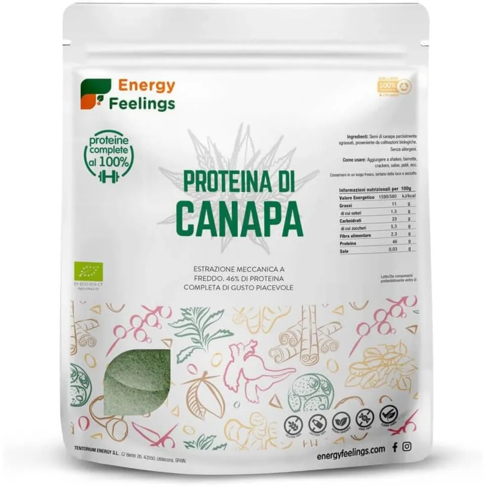 Energy Feelings Proteine vegane e nutrizione sportiva Proteine di Canapa in Polvere BIO 500 g 48% proteine