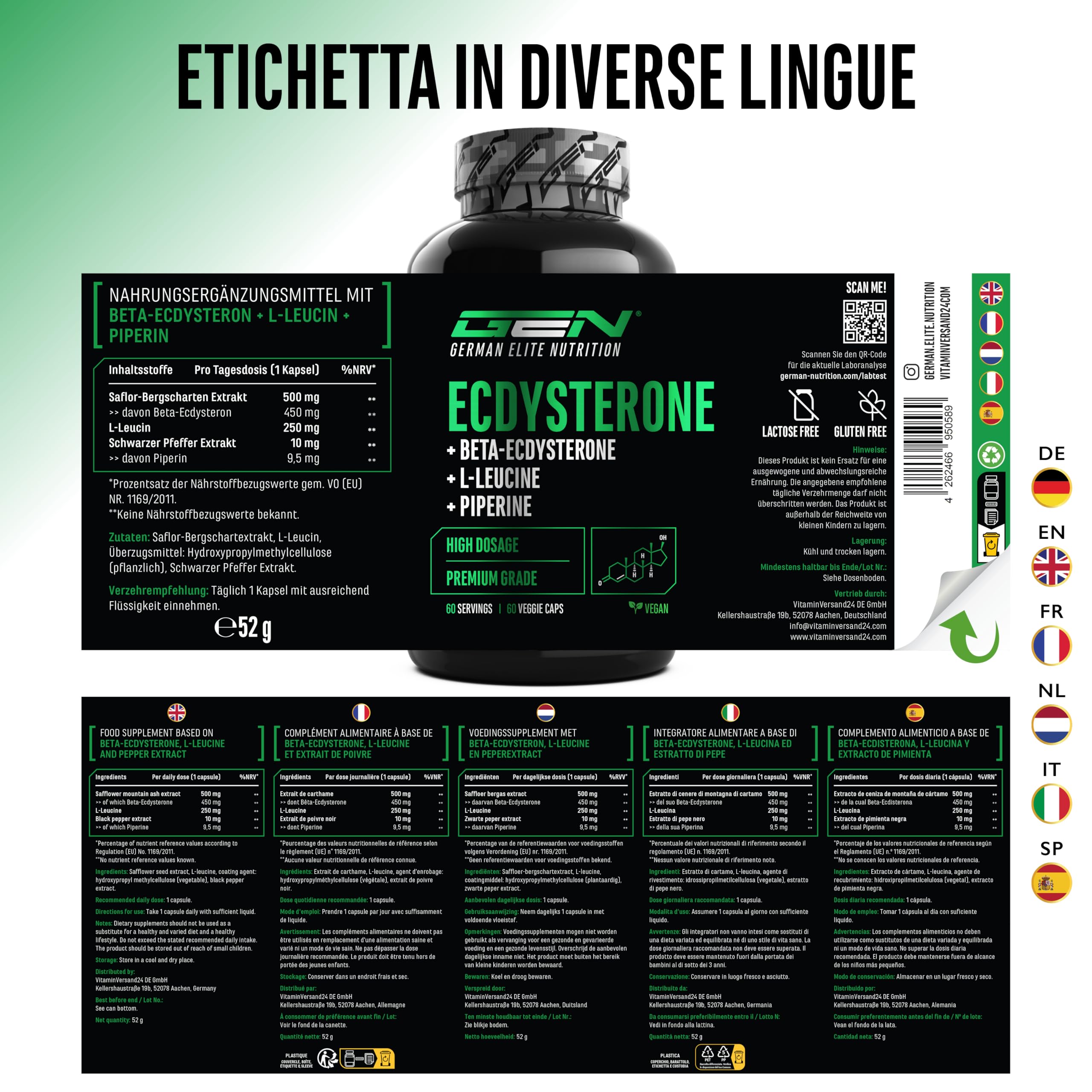 Elite Testo & Vitality Botanicals Complesso di Ecdisterone integratore 60 capsule vegane 760 mg