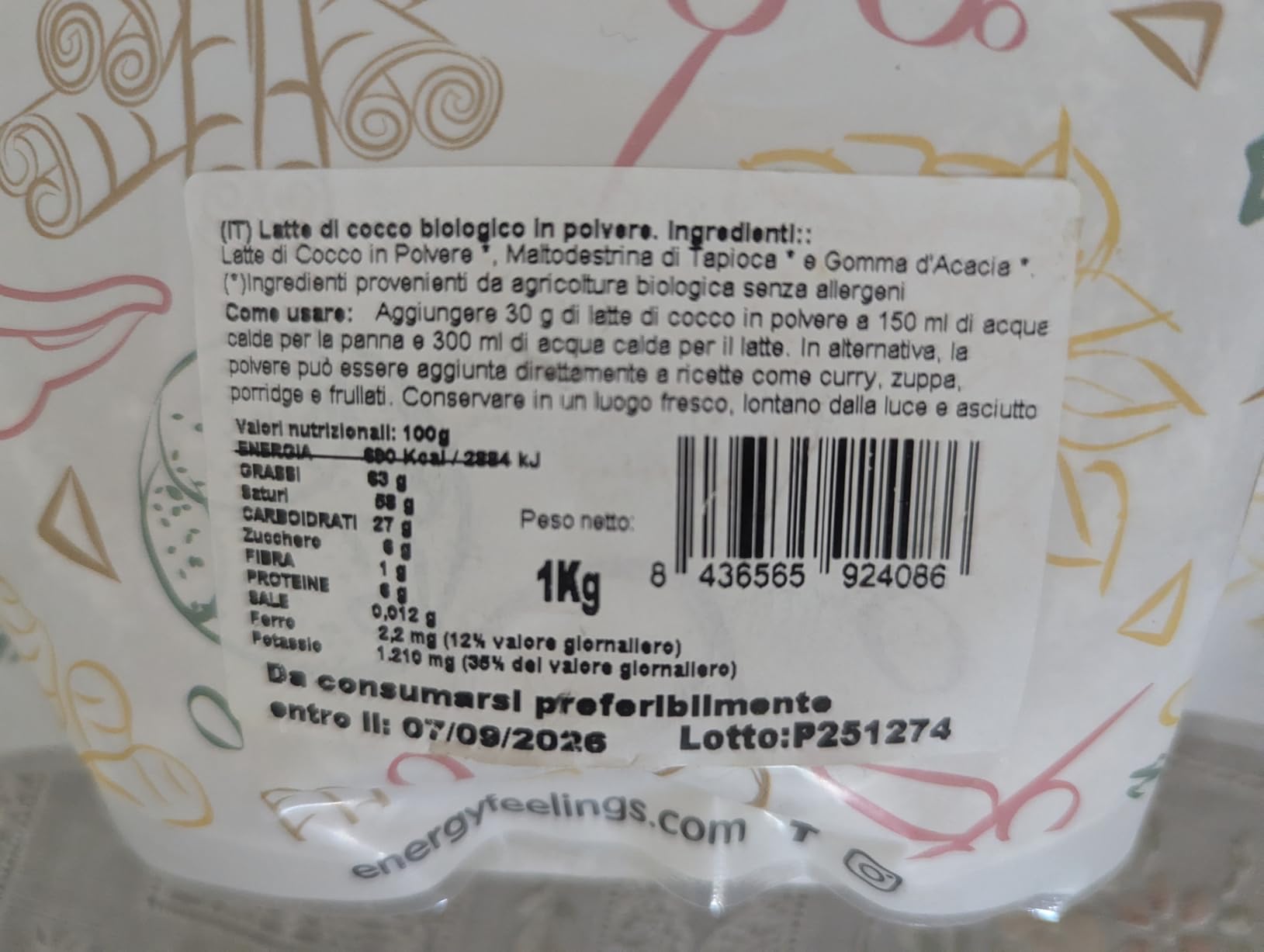 Energy Feelings Dietética & Suplementos Latte di Cocco in Polvere Bio 1 kg senza lattosio