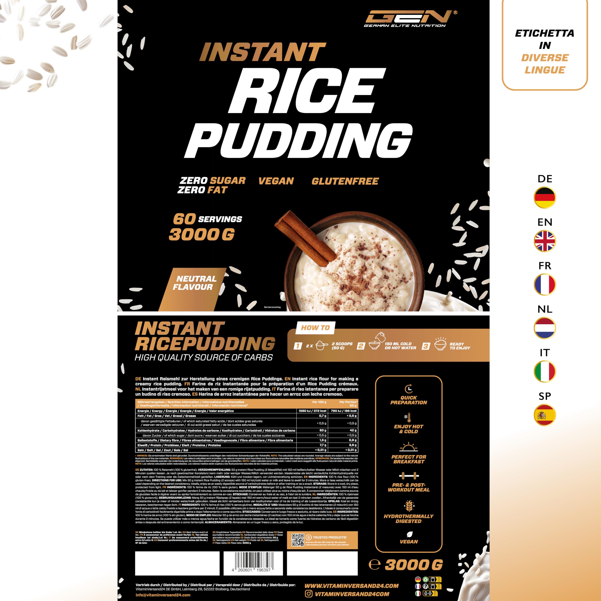 Elite Carbs & Mass Gainers Rice Pudding Neutral budino di riso 3 kg vegano
