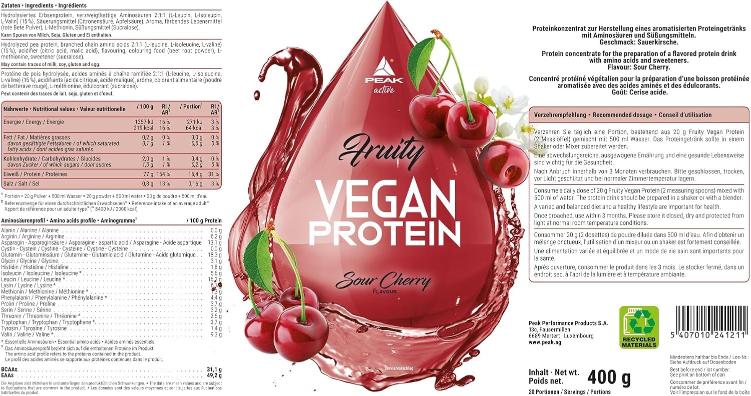 Green Peak Proteins PEAK Fruity Vegan Protein proteine 400 g Amarena senza zuccheri