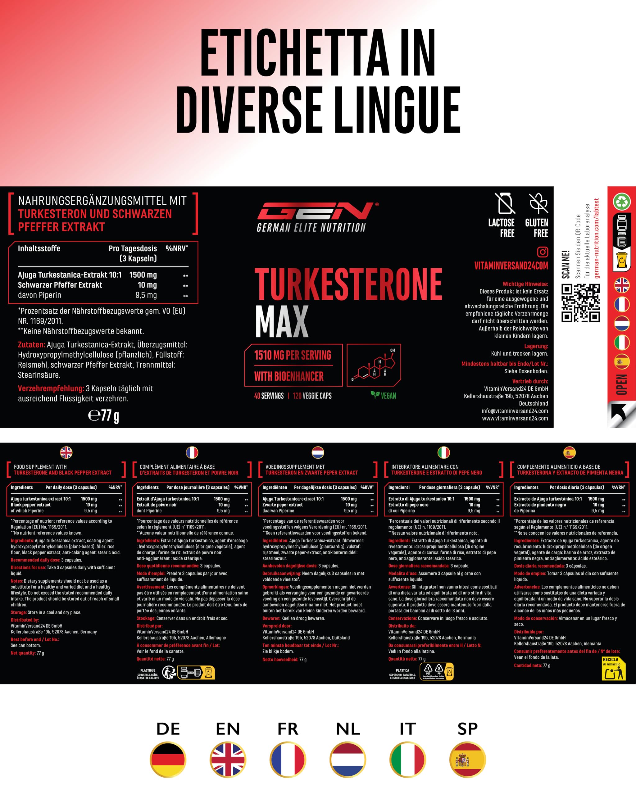 Elite Testo & Vitality Botanicals Turkesterone Max integratore 120 capsule vegane