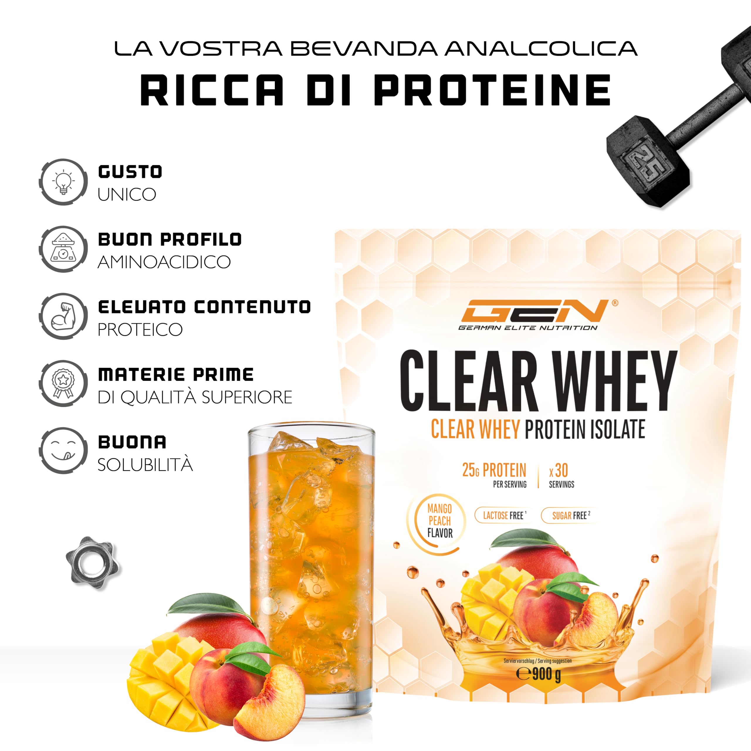 Elite Clear Whey Isolate Clear Whey Isolate Protein Shake proteine 900 g mango e pesca