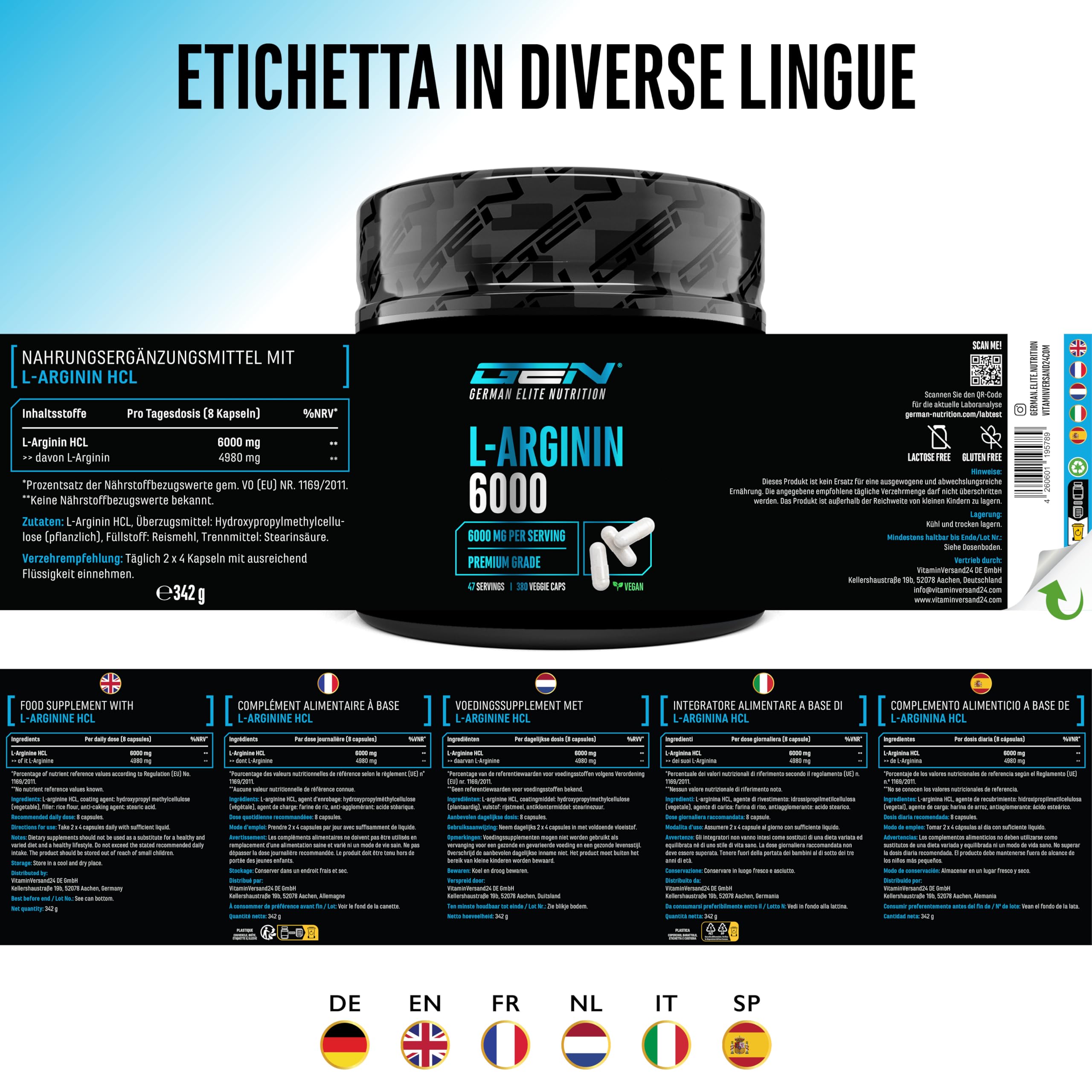 Elite Amino Singles L-Arginin capsule vegane 380 da 6000 mg