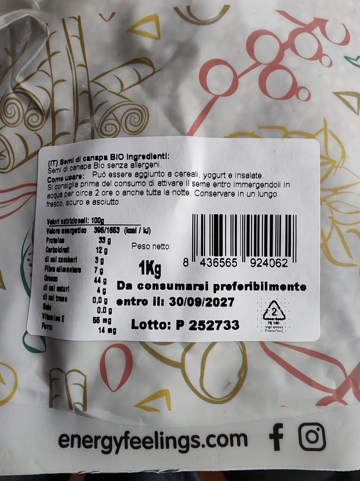 Energy Feelings Dietética & Suplementos Semi di Canapa Interi BIO Certificati 1 kg, 30% proteine