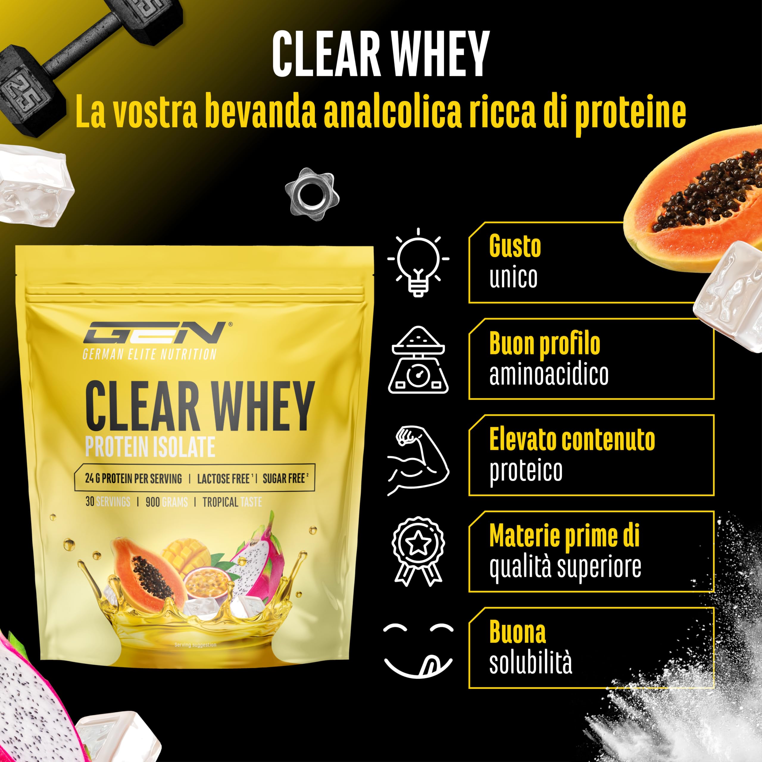 Elite Clear Whey Isolate Protein Shake proteine Tropical 900 g senza lattosio