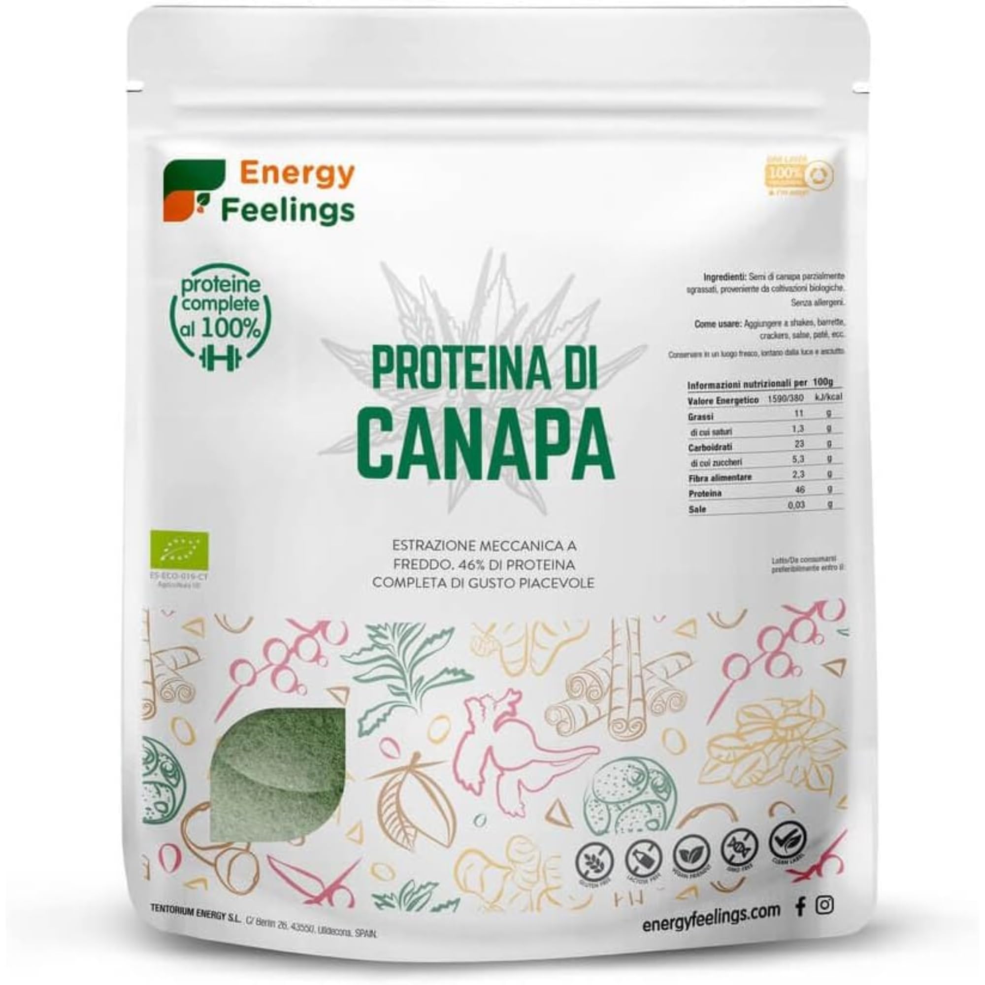 Energy Feelings Proteine vegane e nutrizione sportiva Proteine di Canapa in Polvere BIO 500 g 48% proteine