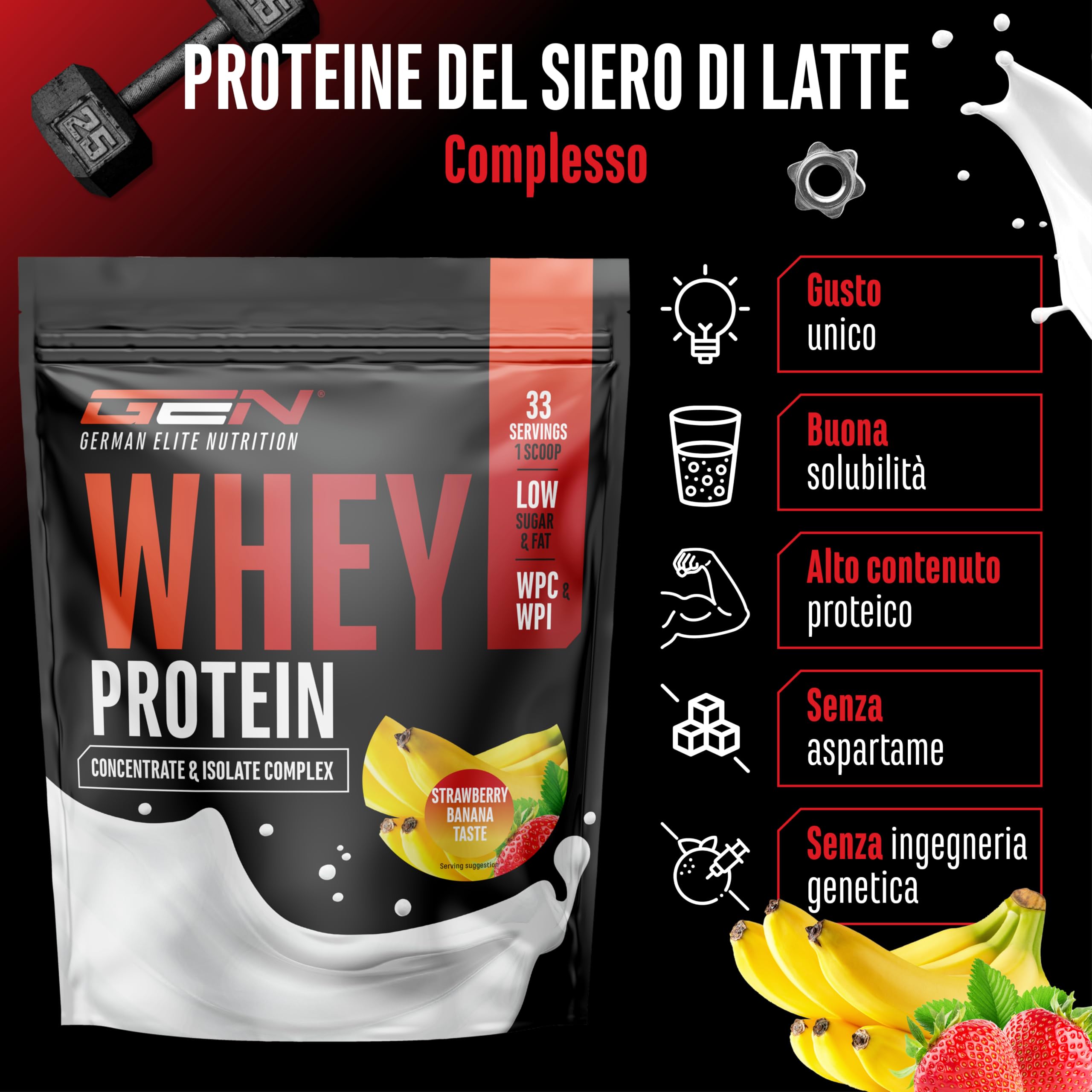 Elite Whey Protein Whey Proteine Complesso proteine in polvere 1000 g fragola e banana con isolato