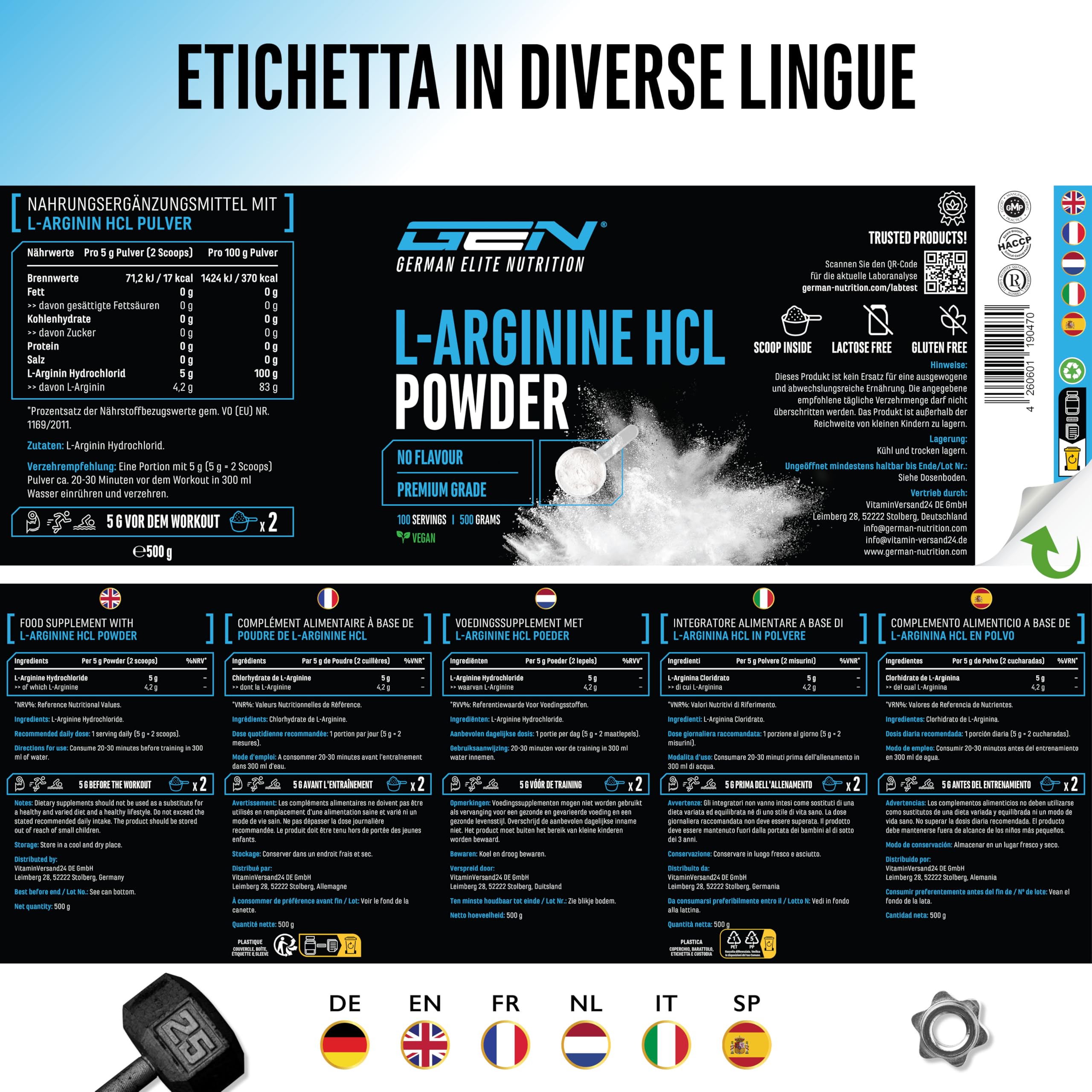 Elite Amino Singles L-Arginina HCL integratore in polvere 500 g origine vegetale