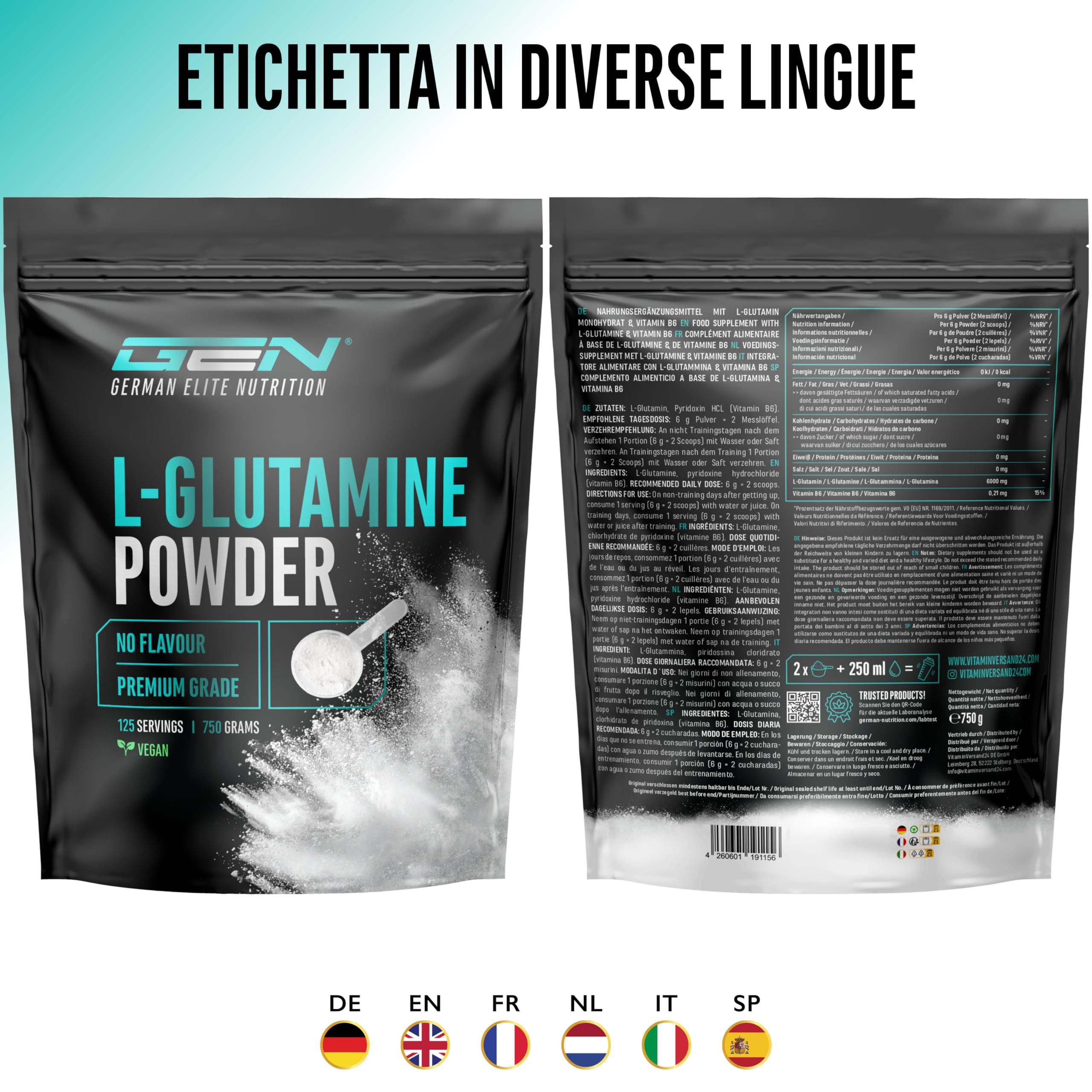 Elite Amino Singles L-Glutammina polvere 750 g non aromatizzata vegana