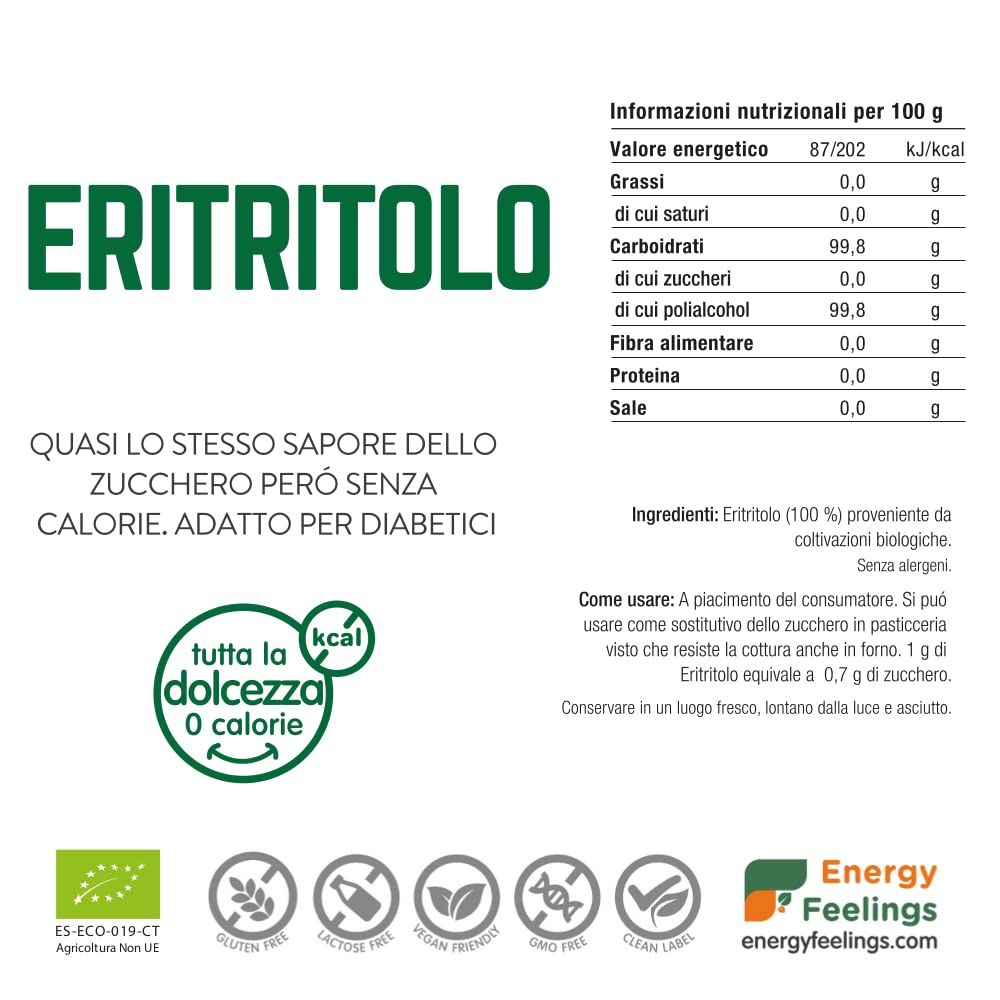 Energy Feelings Dolcificanti naturali Eritritolo Bio dolcificante 1 kg biologico