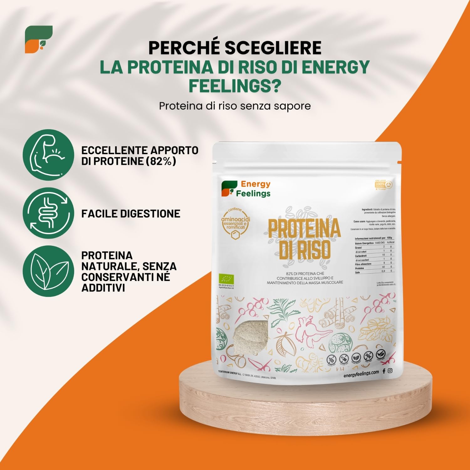 Energy Feelings Proteine di Riso in Polvere BIO proteine vegane 82% senza sapore 1 kg
