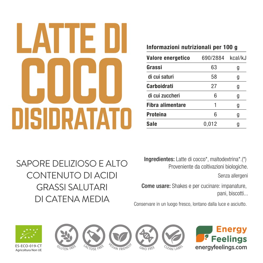 Energy Feelings Latte di Cocco Biologico in Polvere latte di cocco 200 g senza lattosio