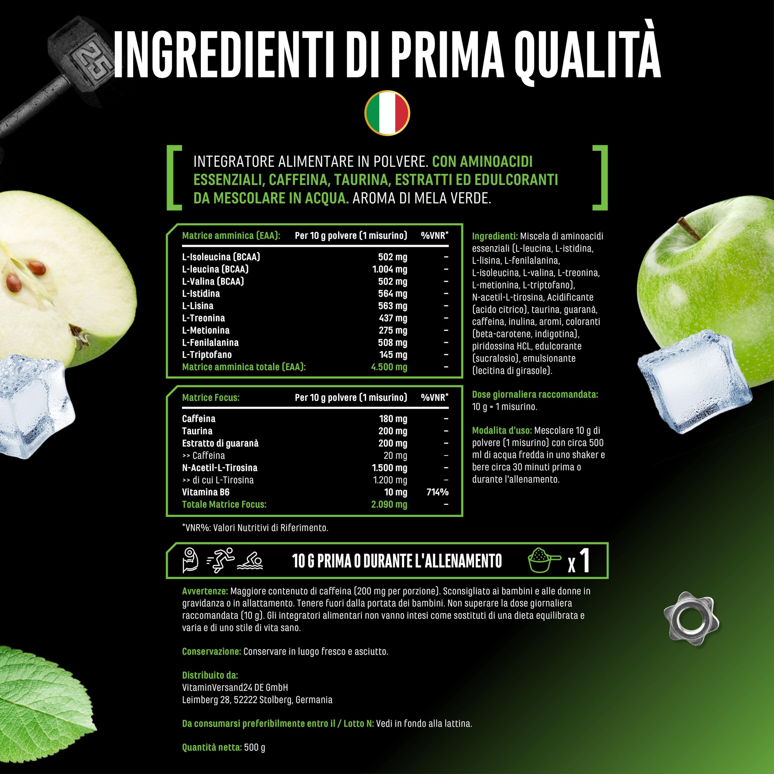 Elite Pre-Workout & Pump EAA Energy Mix pre-workout 500 g Mela Verde senza zucchero