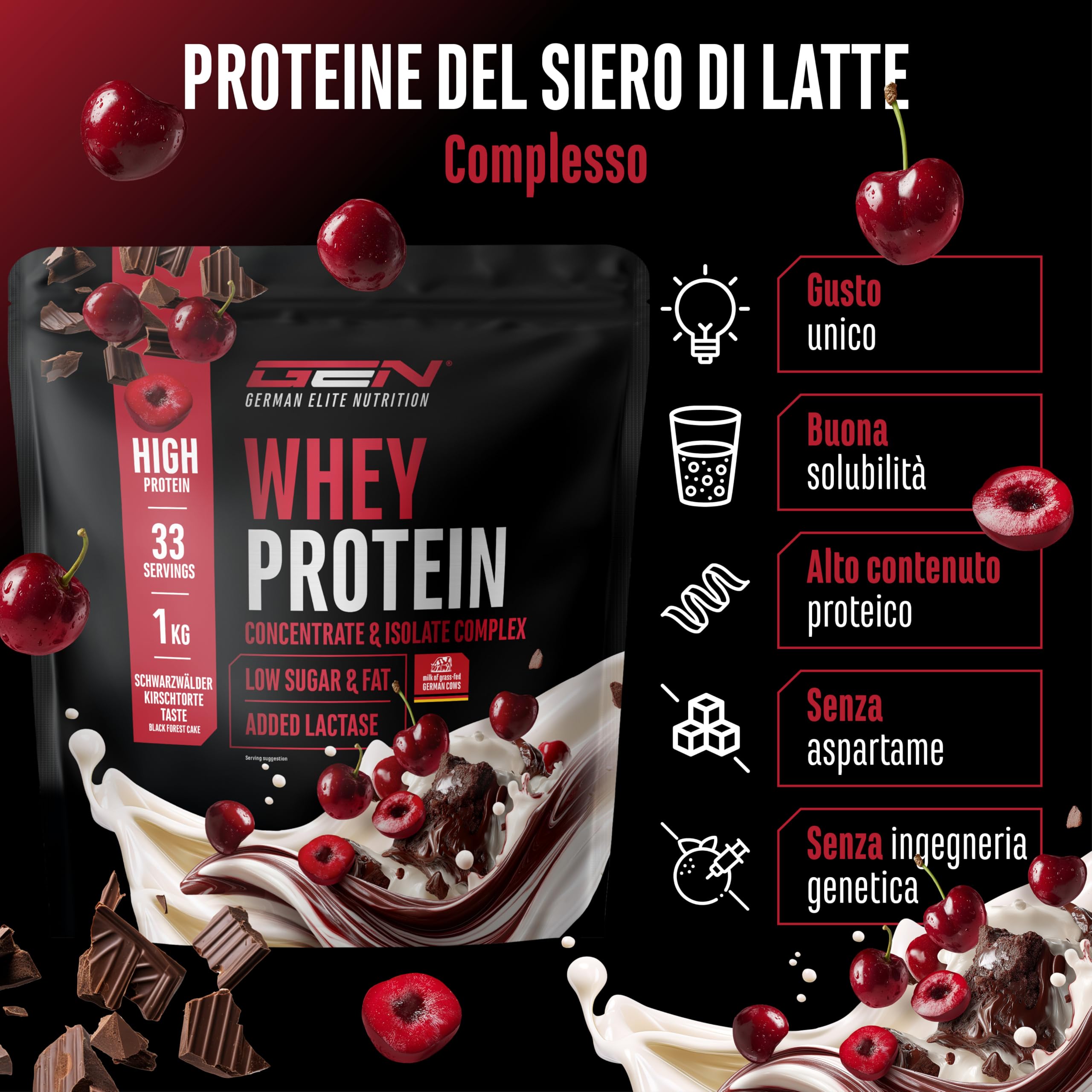 Elite Whey Protein in polvere 1000 g Ciliegia della Foresta Nera con lattasi